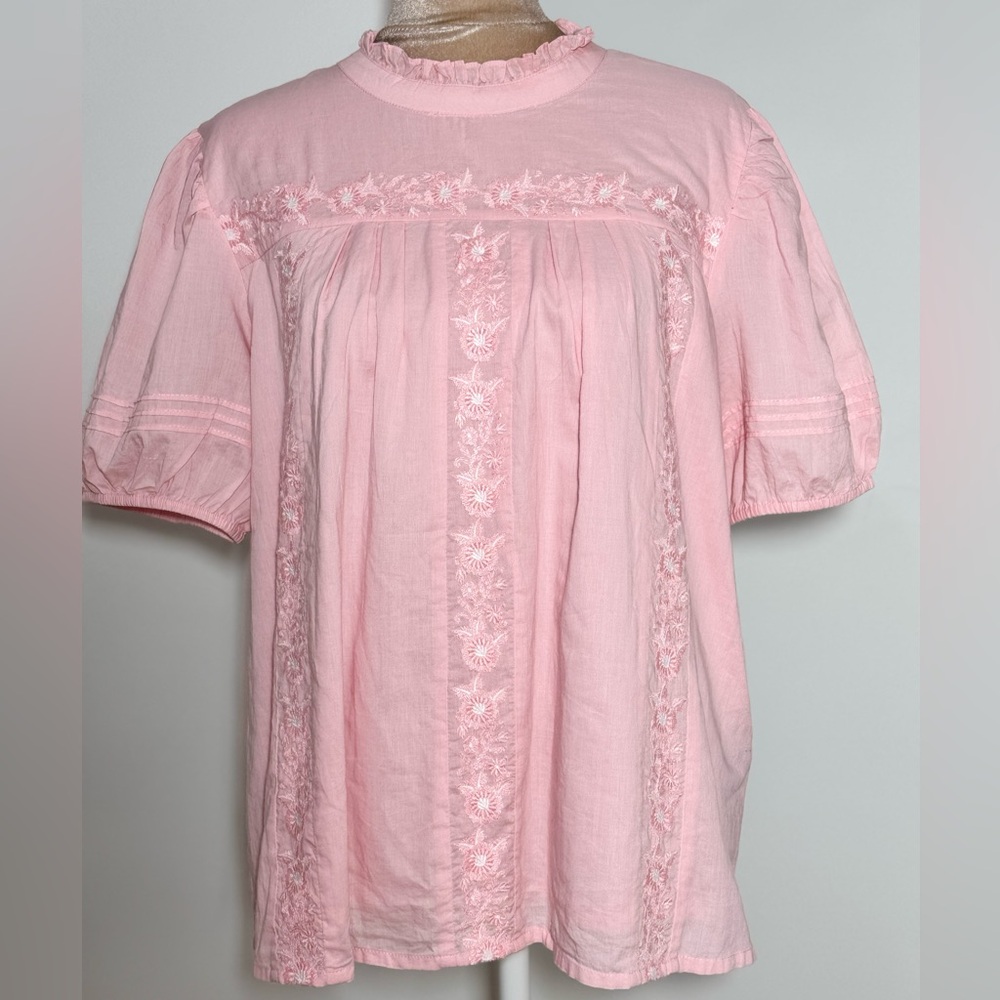 Crew Clothing Company Cotton Blouse Pink Embroidered Flowers Short Sleeve Siz 14